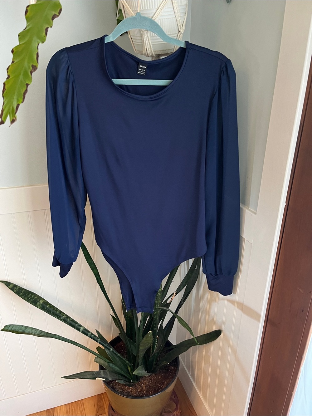 Women’s Navy Long-Sleeve Bodysuit with Puff Shoulders